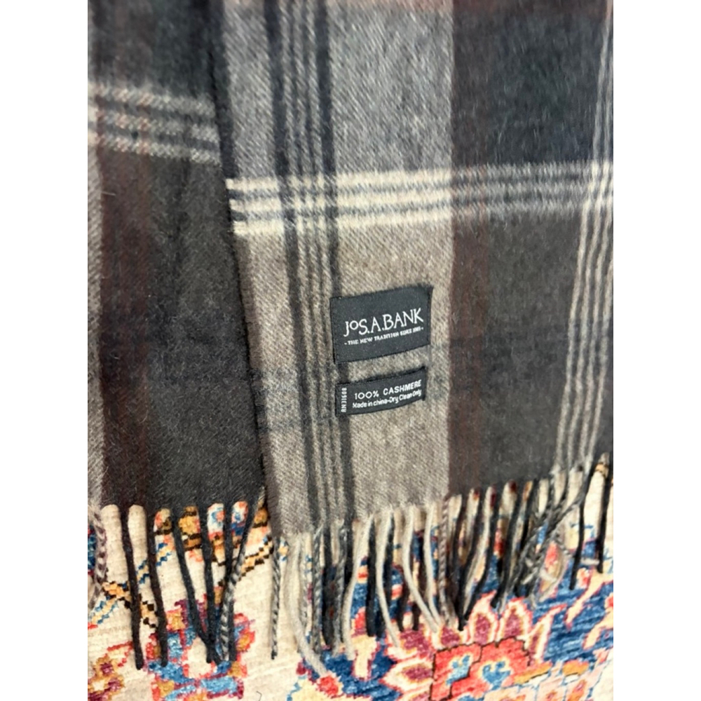 Jos A Bank 100% Cashmere Plaid Scarf Gray Black Fringe Luxury Winter - Picture 4 of 4